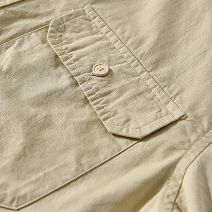 Camisa informal de algodón de color puro con cuello vuelto y manga larga para hombre de Buddha Stones - image 4