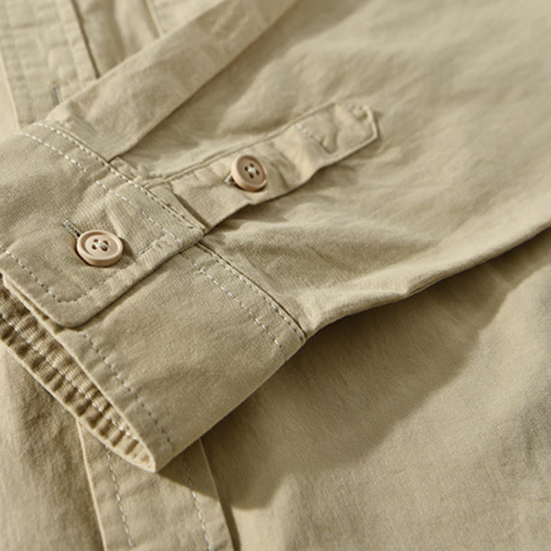 Camisa informal de algodón de color puro con cuello vuelto y manga larga para hombre de Buddha Stones - image 6