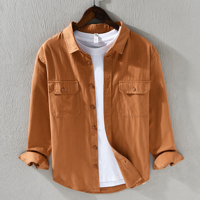 Camisa informal de algodón de color puro con cuello vuelto y manga larga para hombre de Buddha Stones - Perú - US/UK/AU46, EU56 (5XL) - image 13
