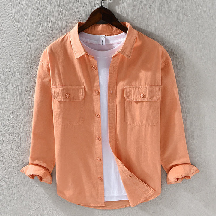 Camisa informal de algodón de color puro con cuello vuelto y manga larga para hombre de Buddha Stones - SandyBrown - US/UK/AU46, EU56 (5XL) - image 17