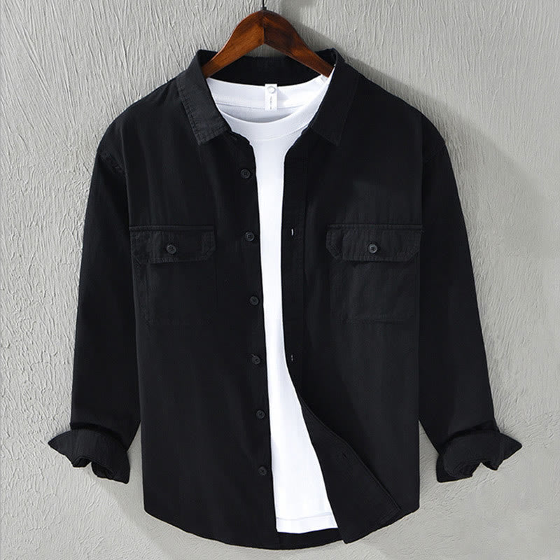 Camisa informal de algodón de color puro con cuello vuelto y manga larga para hombre de Buddha Stones - Negro - US/UK/AU46, EU56 (5XL) - image 15