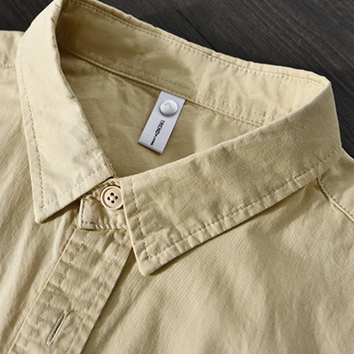 Camisa informal de algodón de color puro con cuello vuelto y manga larga para hombre de Buddha Stones - image 3