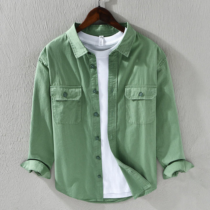 Camisa informal de algodón de color puro con cuello vuelto y manga larga para hombre de Buddha Stones - Verde mar medio - US/UK/AU46, EU56 (5XL) - image 9