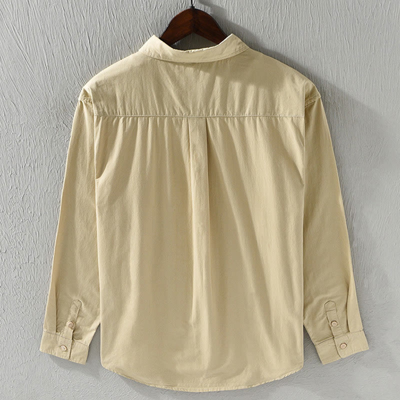 Camisa informal de algodón de color puro con cuello vuelto y manga larga para hombre de Buddha Stones - image 2