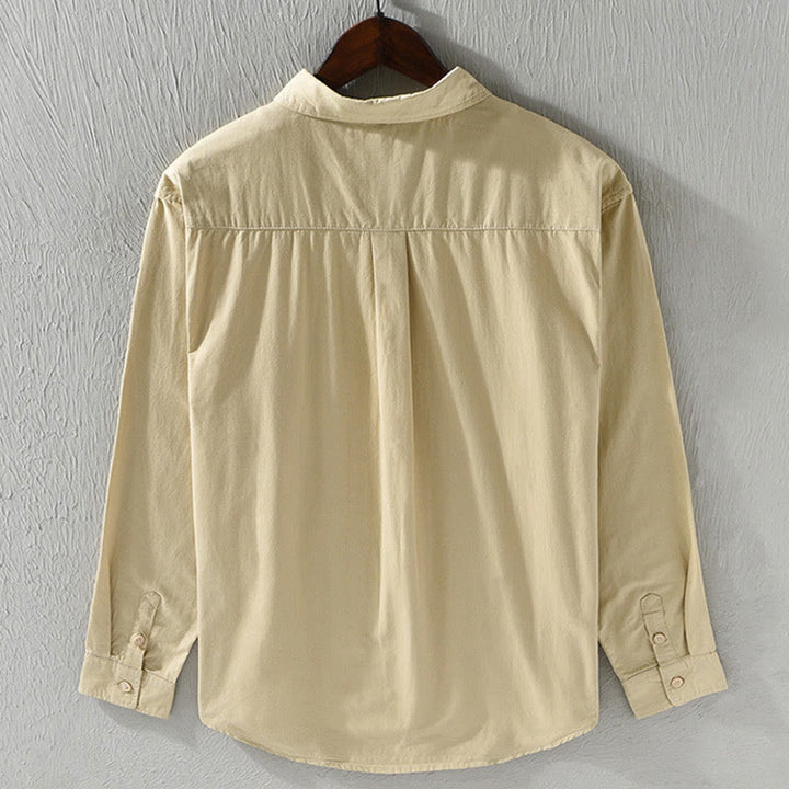 Camisa informal de algodón de color puro con cuello vuelto y manga larga para hombre de Buddha Stones - image 2