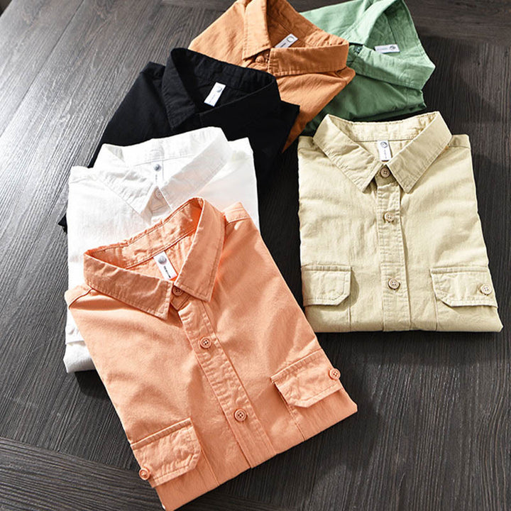 Camisa informal de algodón de color puro con cuello vuelto y manga larga para hombre de Buddha Stones - image 1