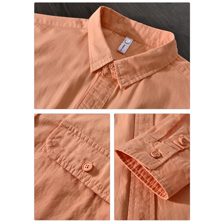 Camisa informal de algodón de color puro con cuello vuelto y manga larga para hombre de Buddha Stones - image 18