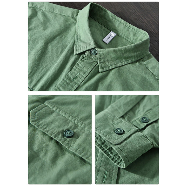 Camisa informal de algodón de color puro con cuello vuelto y manga larga para hombre de Buddha Stones - image 10