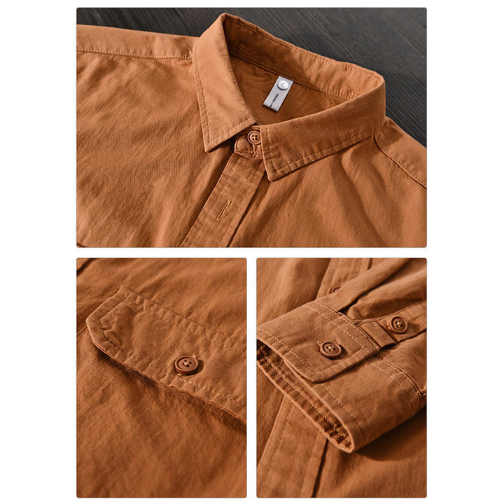 Camisa informal de algodón de color puro con cuello vuelto y manga larga para hombre de Buddha Stones - image 14