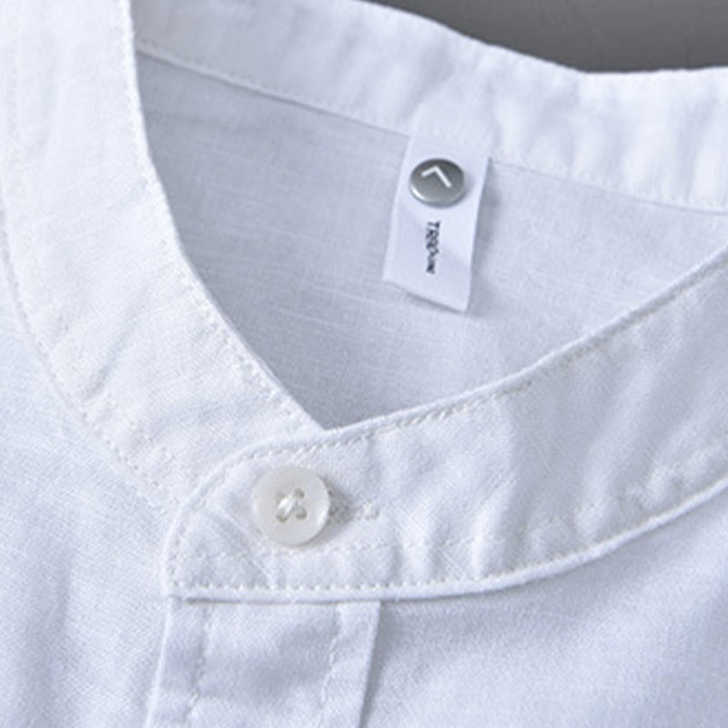 Camisa informal de lino y algodón de color puro con cuello alto y manga larga para hombre de Buddha Stones - image 7