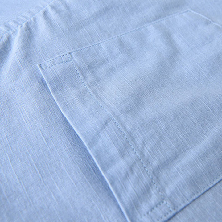 Camisa informal de lino y algodón de color puro con cuello alto y manga larga para hombre de Buddha Stones - image 19