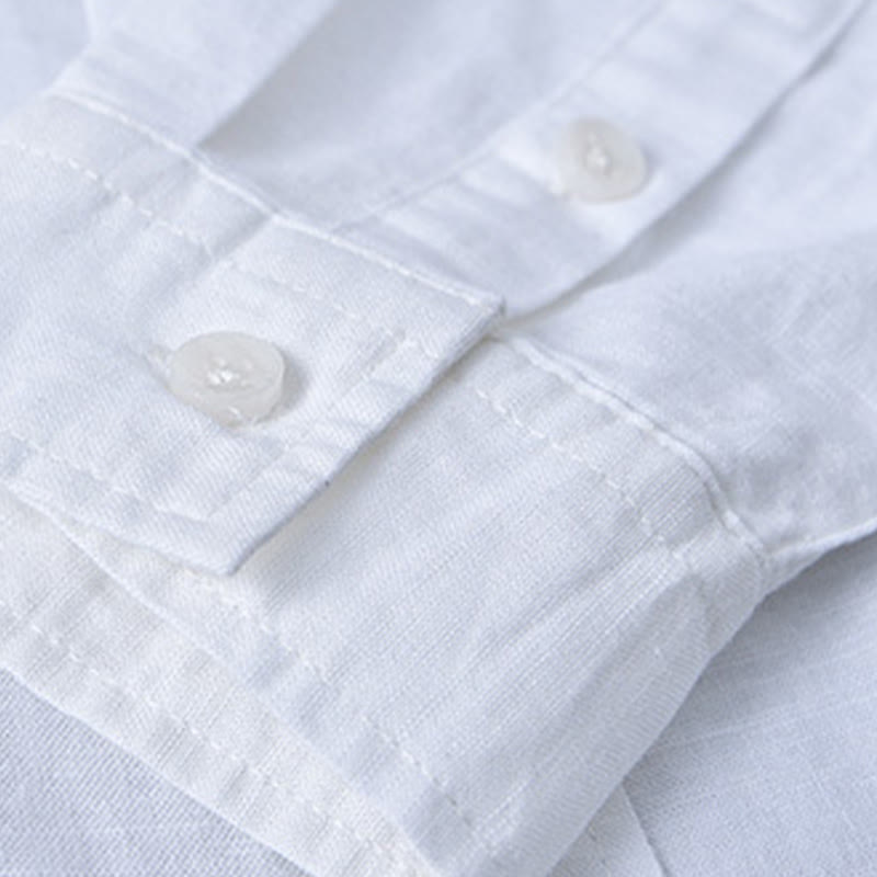 Camisa informal de lino y algodón de color puro con cuello alto y manga larga para hombre de Buddha Stones - image 7