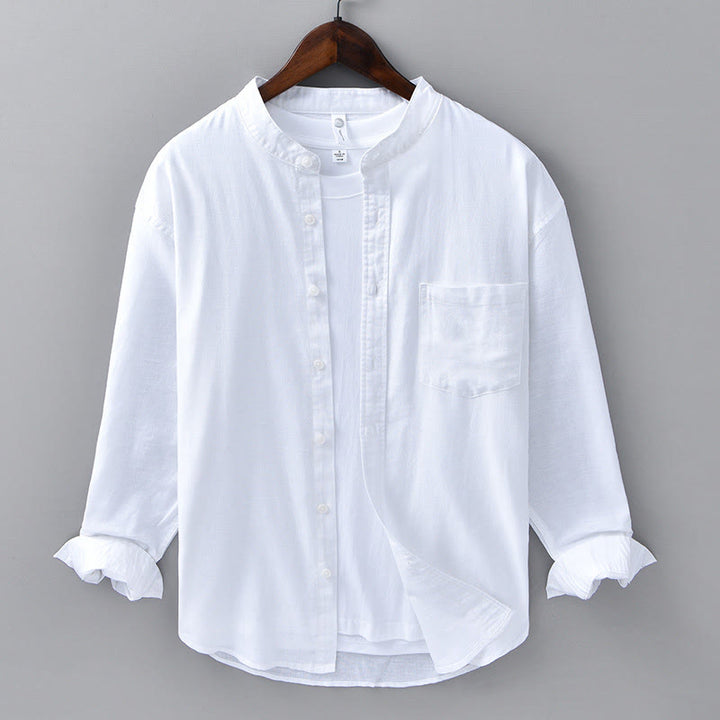Camisa informal de lino y algodón de color puro con cuello alto y manga larga para hombre de Buddha Stones - Blanco - US/UK/AU40, UE50 (3XL) - image 5
