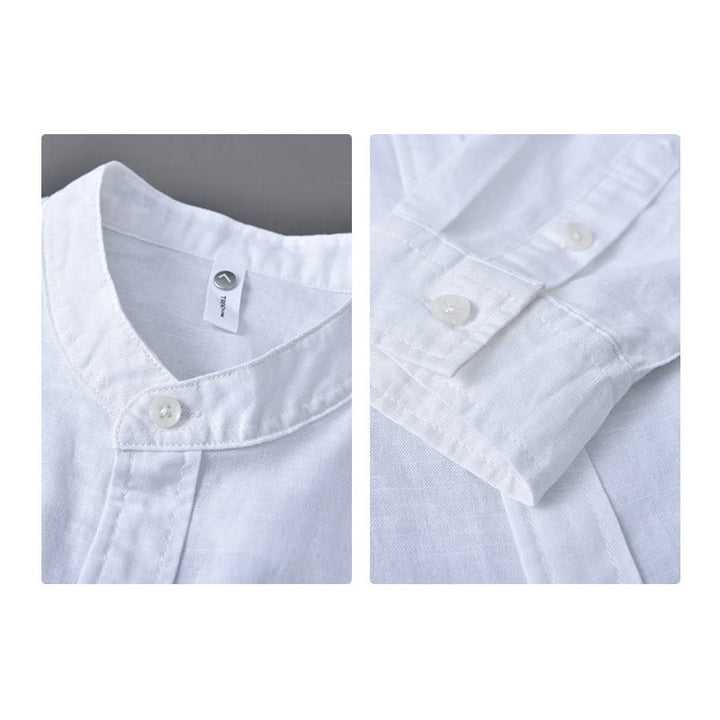 Camisa informal de lino y algodón de color puro con cuello alto y manga larga para hombre de Buddha Stones - image 8