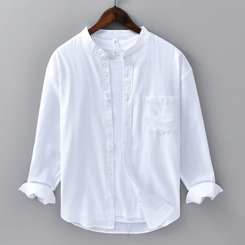 Camisa informal de lino y algodón de color puro con cuello alto y manga larga para hombre de Buddha Stones - Blanco - US/UK/AU40, UE50 (3XL) - image 6