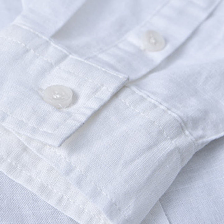 Camisa informal de lino y algodón de color puro con cuello alto y manga larga para hombre de Buddha Stones - image 7