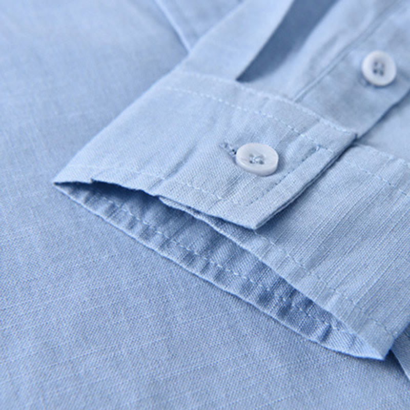 Camisa informal de lino y algodón de color puro con cuello alto y manga larga para hombre de Buddha Stones - image 13