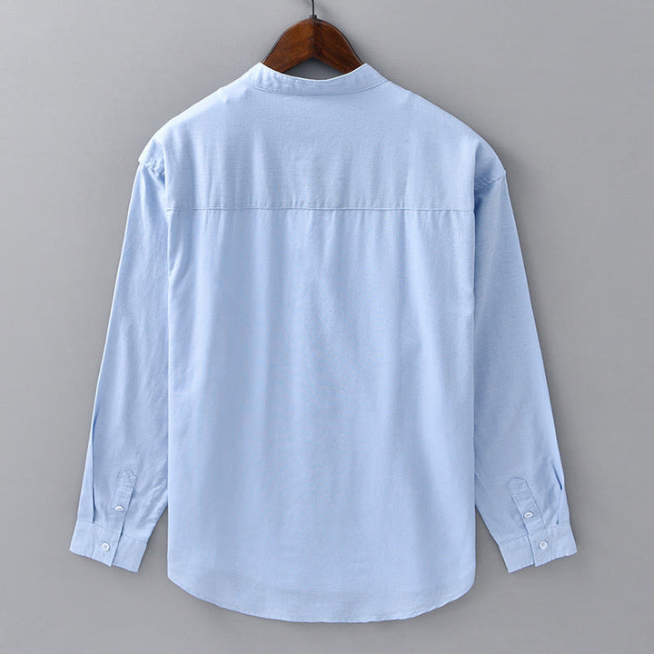 Camisa informal de lino y algodón de color puro con cuello alto y manga larga para hombre de Buddha Stones - image 11