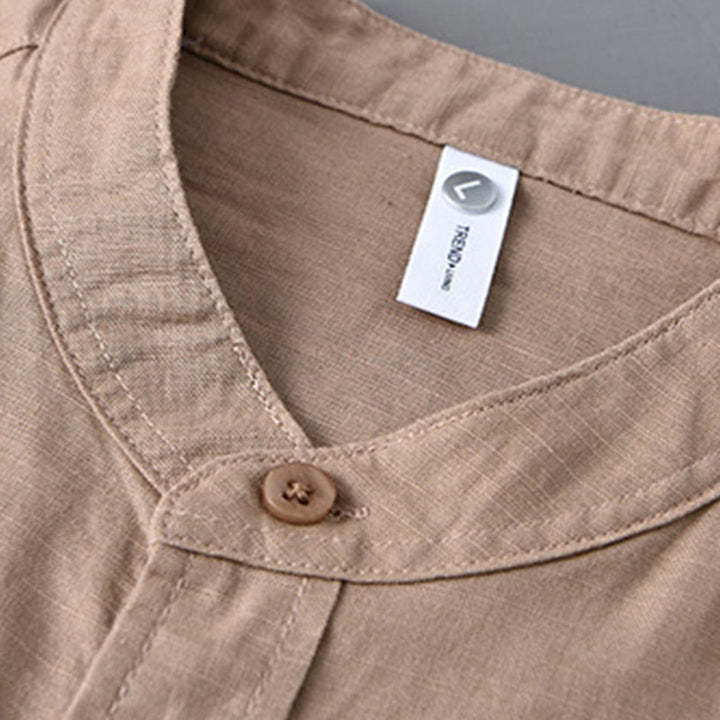 Camisa informal de lino y algodón de color puro con cuello alto y manga larga para hombre de Buddha Stones - image 30