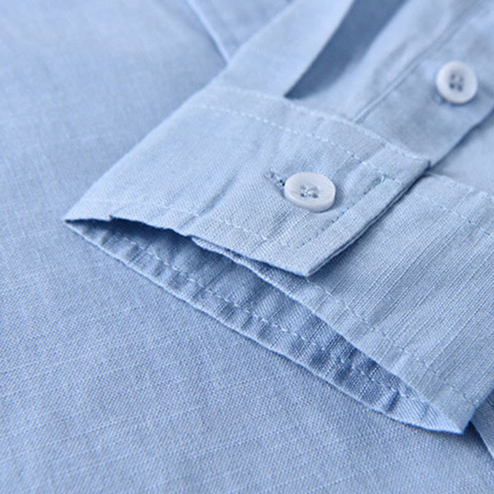 Camisa informal de lino y algodón de color puro con cuello alto y manga larga para hombre de Buddha Stones - image 13