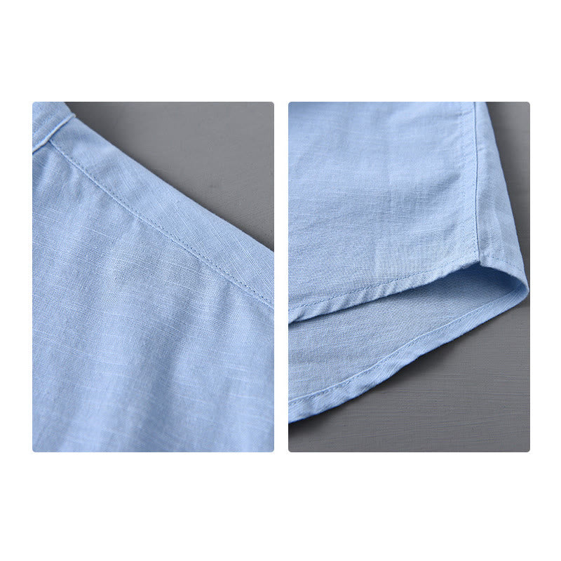 Camisa informal de lino y algodón de color puro con cuello alto y manga larga para hombre de Buddha Stones - image 15