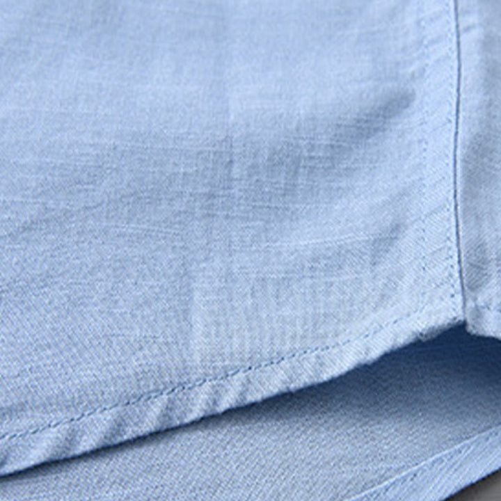 Camisa informal de lino y algodón de color puro con cuello alto y manga larga para hombre de Buddha Stones - image 19