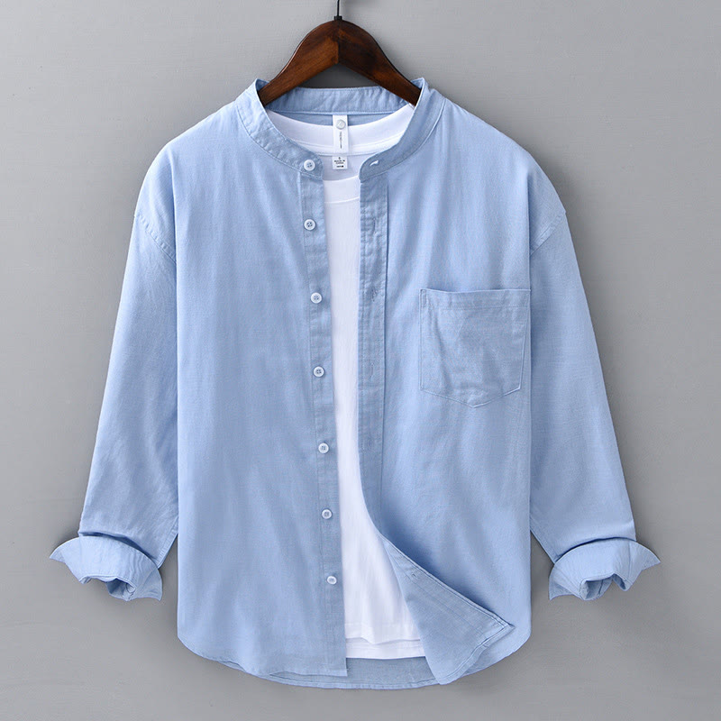 Camisa informal de lino y algodón de color puro con cuello alto y manga larga para hombre de Buddha Stones - Azul cielo claro - US/UK/AU40, UE 50 (3XL) - image 9