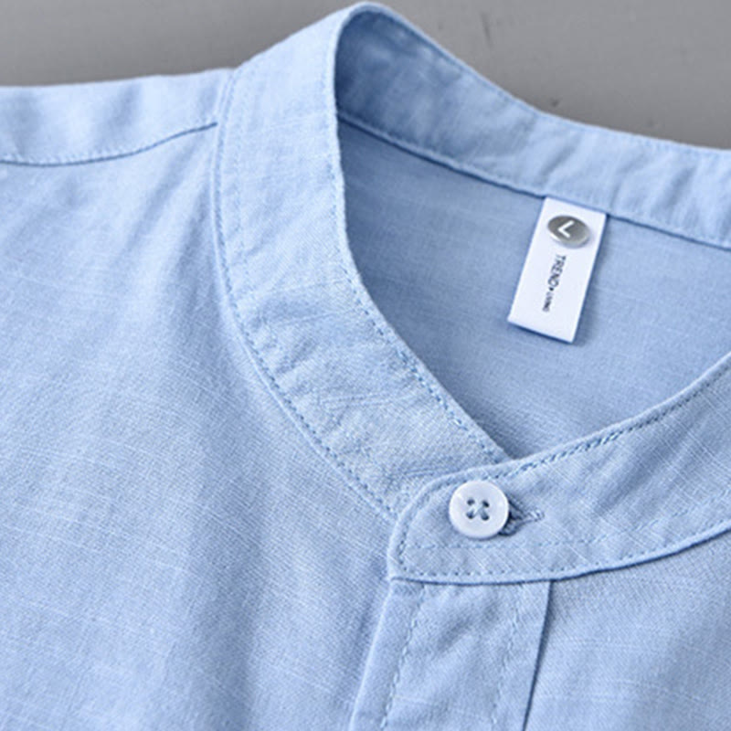 Camisa informal de lino y algodón de color puro con cuello alto y manga larga para hombre de Buddha Stones - image 12