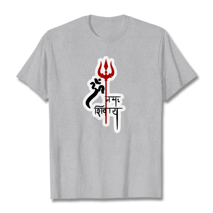 Camiseta de algodón con perfil de tridente rojo OM NAMAH SHIVAYA con Buddha Stones - Gris claro - 2XL - image 17