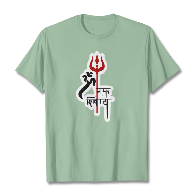 Camiseta de algodón con perfil de tridente rojo OM NAMAH SHIVAYA con Buddha Stones - Verde pálido - 2XL - image 0