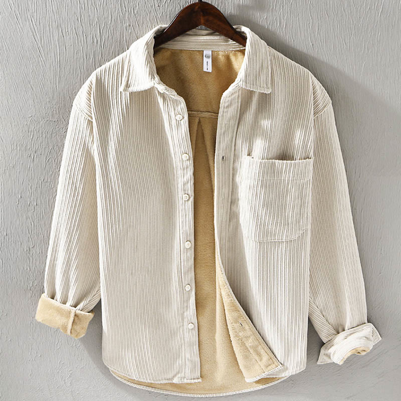 Camisa cómoda de pana con bolsillo, cuello vuelto y manga larga para hombre de Buddha Stones - Beige - US/UK/AU40, UE50 (3XL) - image 0