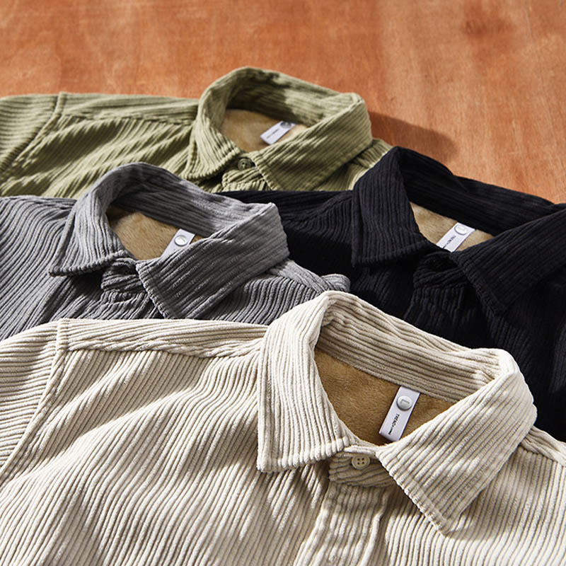 Camisa cómoda de pana con bolsillo, cuello vuelto y manga larga para hombre de Buddha Stones - image 1