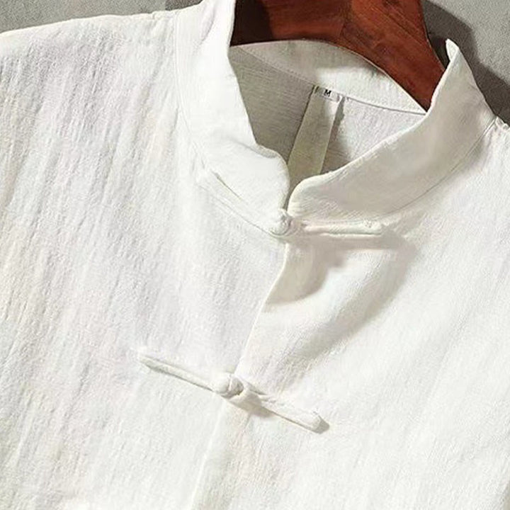 Camisa de lino cómoda con cuello alto y manga larga con botones de rana y bolsillo para hombre de Buddha Stones - image 2