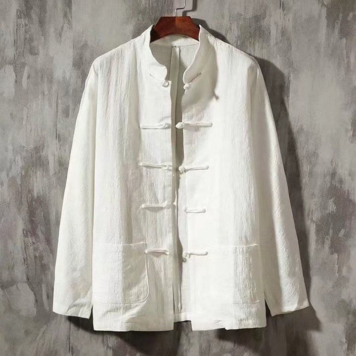 Camisa de manga larga con botones de rana y bolsillo para hombre de Buddha Stones, cómoda y con cuello alto - Blanco - US/UK/AU44, UE54 (5XL) - image 0