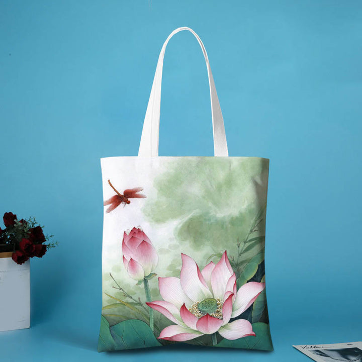 Bolso de hombro de lona con forma de loto y Buddha Stones