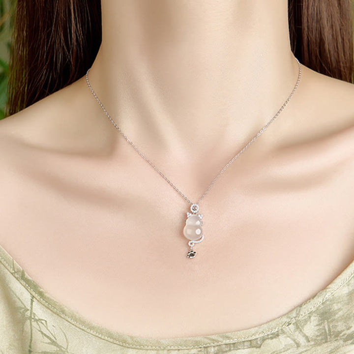 Collar con colgante de calabaza de jade blanco y oro de 14 k en plata de ley 925 con Buddha Stones y protección de gato - image 3