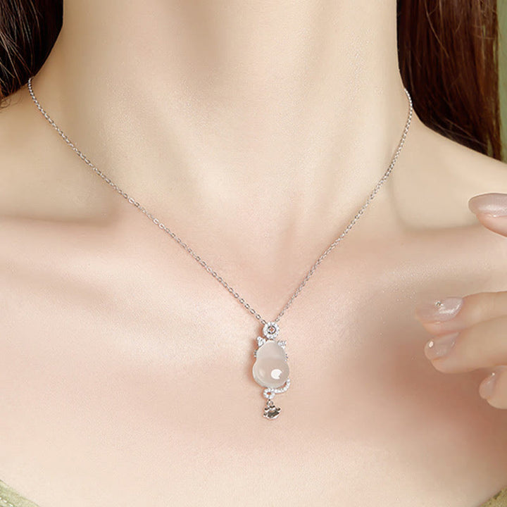 Collar con colgante de calabaza de jade blanco y oro de 14 k en plata de ley 925 con Buddha Stones y protección de gato - image 5