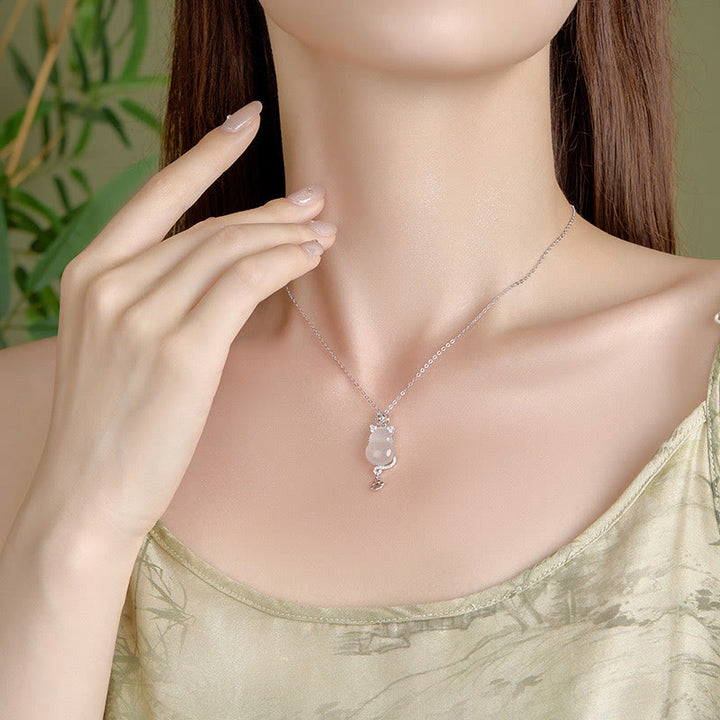 Collar con colgante de calabaza de jade blanco y oro de 14 k en plata de ley 925 con Buddha Stones y protección de gato - image 8