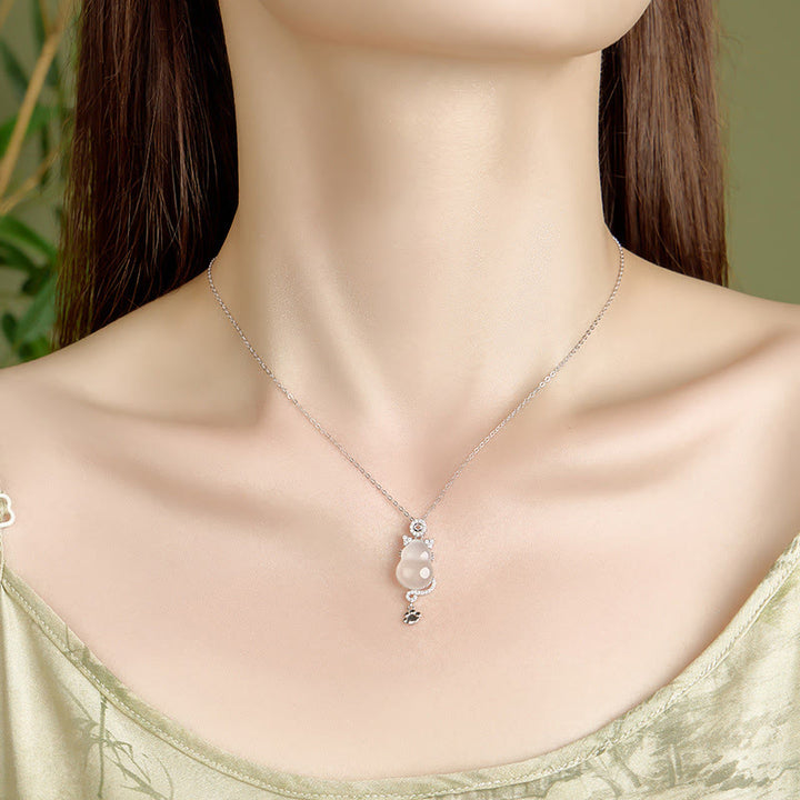 Collar con colgante de calabaza de jade blanco y gato protector con piedras de Buddha Stones , bañado en plata de ley 925 y oro de 14 quilates. - image 3