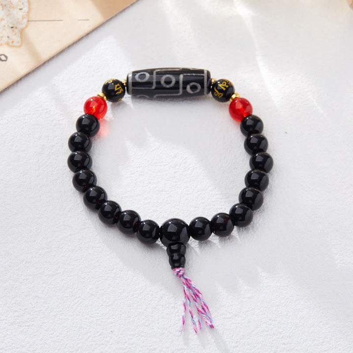 Pulsera de protección de riqueza con seis palabras verdaderas y cuentas Dzi tibetanas de nueve ojos y Buddha Stones de ónix negro