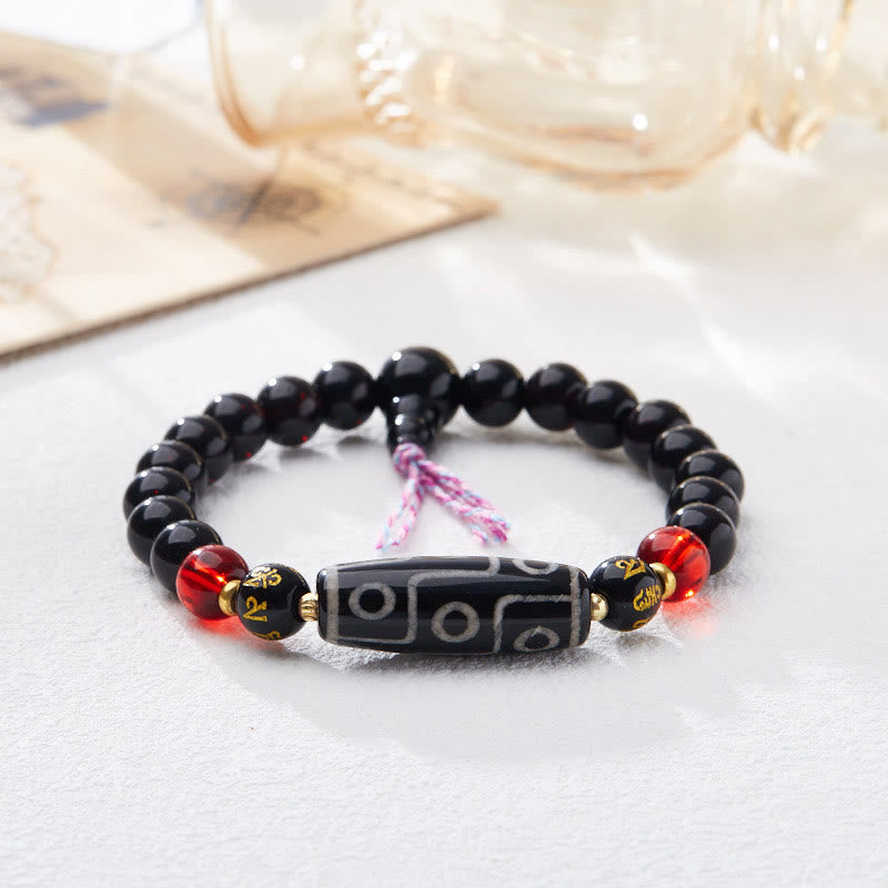 Pulsera de protección de riqueza con seis palabras verdaderas y cuentas Dzi tibetanas de nueve ojos y Buddha Stones de ónix negro