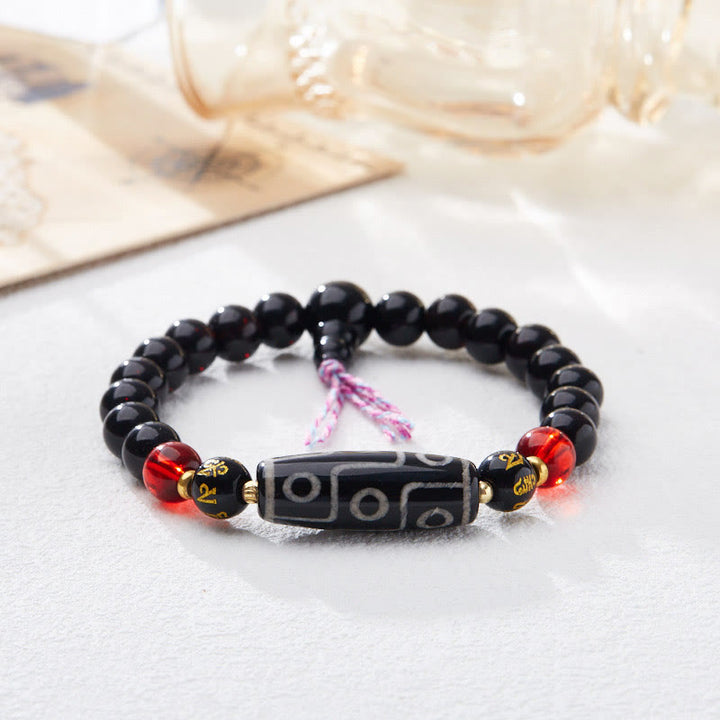 Pulsera de protección de riqueza con seis palabras verdaderas y cuentas Dzi tibetanas de nueve ojos y Buddha Stones de ónix negro