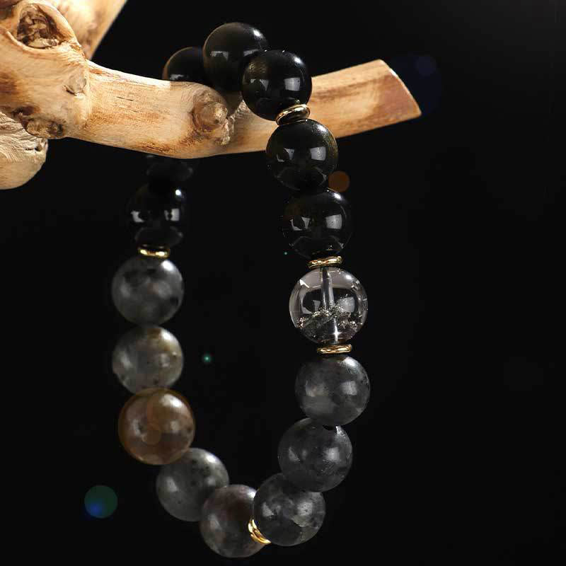 Pulsera de protección de riqueza con seis palabras verdaderas, obsidiana, piedra de lava, ojo de tigre y ónix negro con brillo dorado y Buddha Stones en plata de ley 925