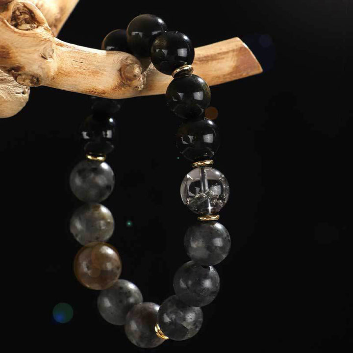 Pulsera de protección de riqueza con seis palabras verdaderas, obsidiana, piedra de lava, ojo de tigre y ónix negro con brillo dorado y Buddha Stones en plata de ley 925
