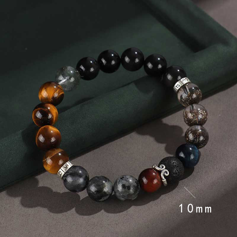 Pulsera de protección de riqueza con seis palabras verdaderas, obsidiana, piedra de lava, ojo de tigre y ónix negro con brillo dorado y Buddha Stones en plata de ley 925