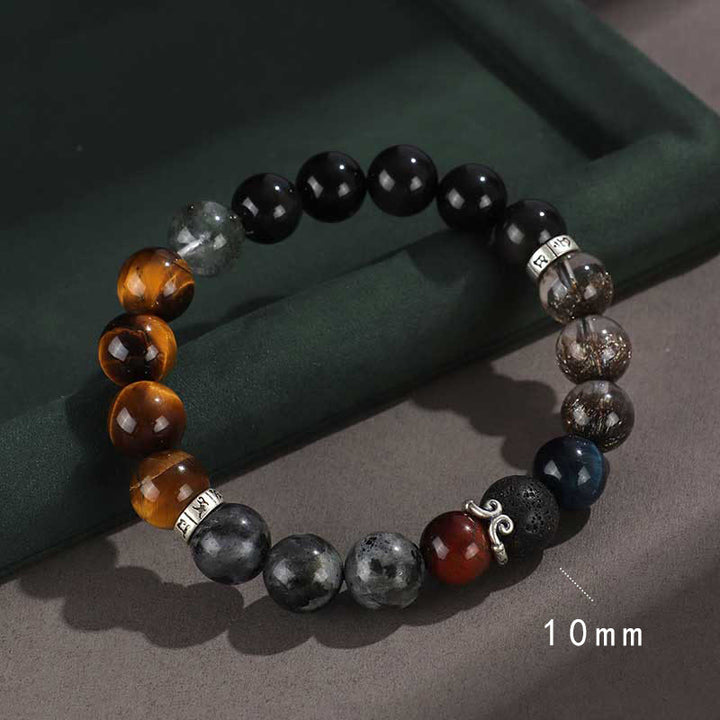 Pulsera de protección de riqueza con seis palabras verdaderas, obsidiana, piedra de lava, ojo de tigre y ónix negro con brillo dorado y Buddha Stones en plata de ley 925