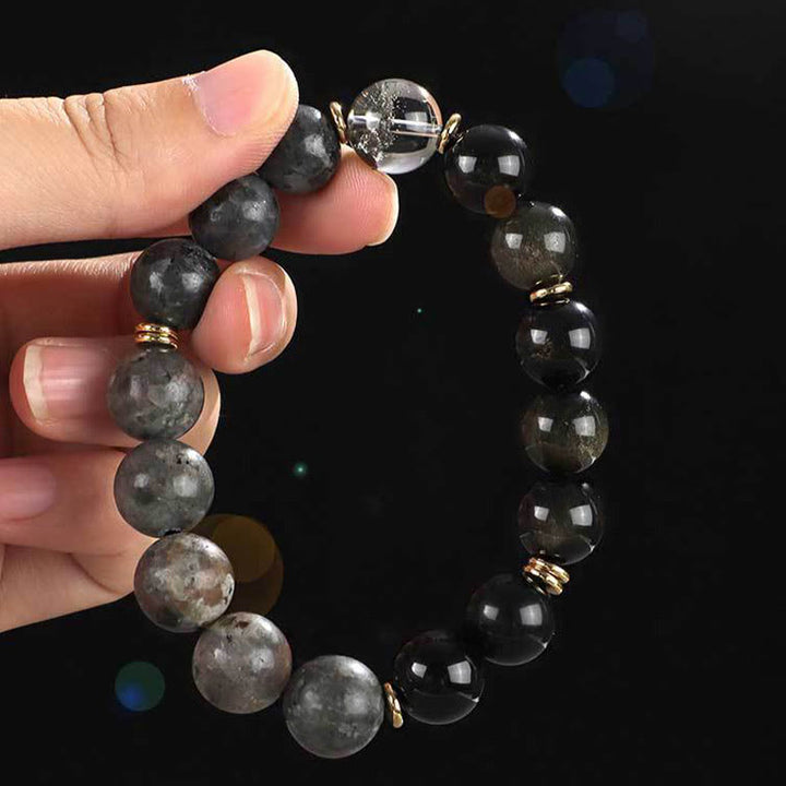 Pulsera de protección de riqueza con seis palabras verdaderas, obsidiana, piedra de lava, ojo de tigre y ónix negro con brillo dorado y Buddha Stones en plata de ley 925