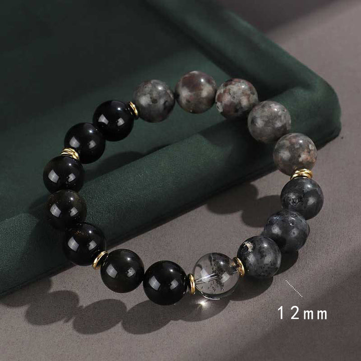 Pulsera de protección de riqueza con seis palabras verdaderas, obsidiana, piedra de lava, ojo de tigre y ónix negro con brillo dorado y Buddha Stones en plata de ley 925