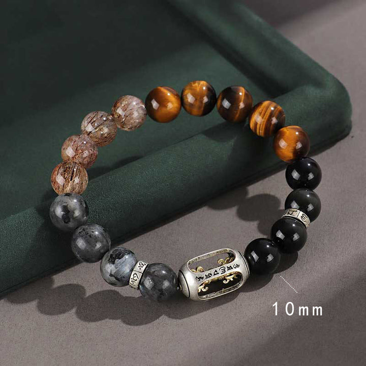 Pulsera de protección de riqueza con seis palabras verdaderas, obsidiana, piedra de lava, ojo de tigre y ónix negro con brillo dorado y Buddha Stones en plata de ley 925