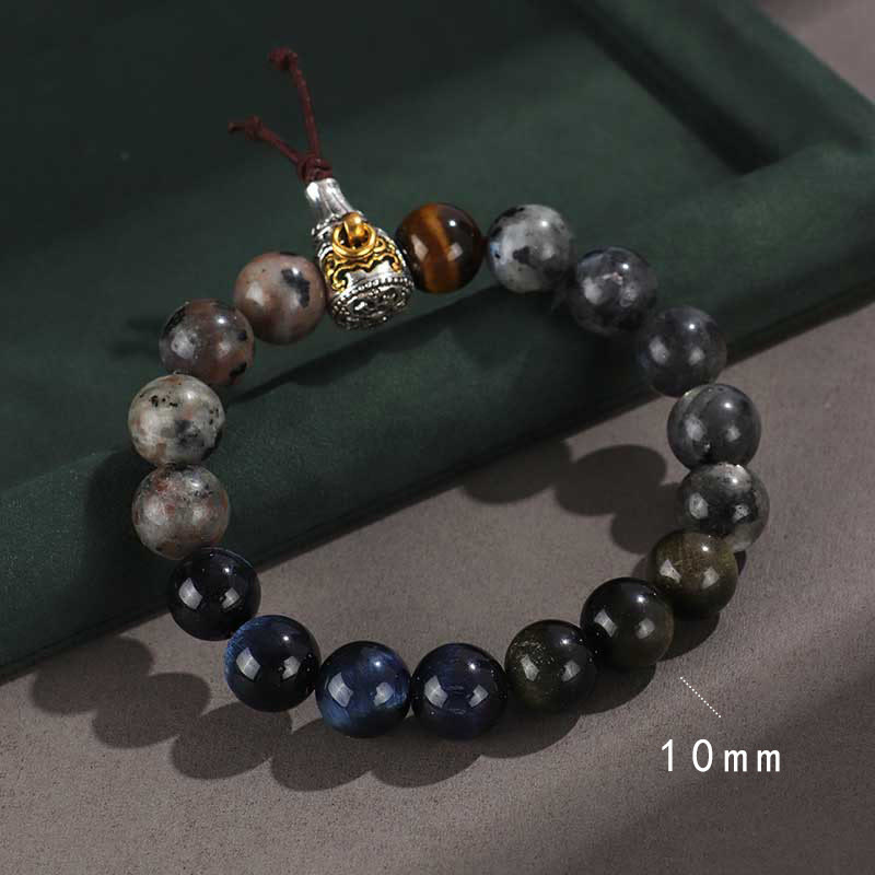 Pulsera de protección de riqueza con seis palabras verdaderas, obsidiana, piedra de lava, ojo de tigre y ónix negro con brillo dorado y Buddha Stones en plata de ley 925